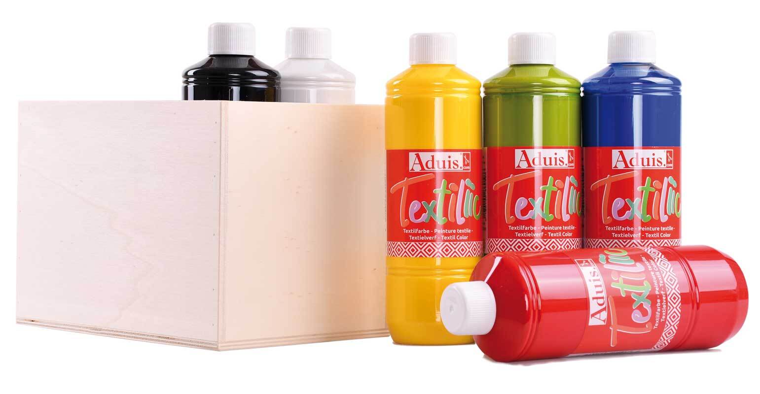 Aduis Sparpaket - 6 Stoffmalfarben mit Holzbox