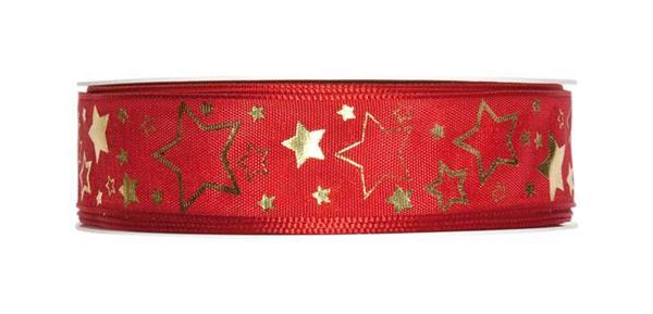 Druckband &quot;Weihnachtssterne&quot; - 25 mm, rot-gold