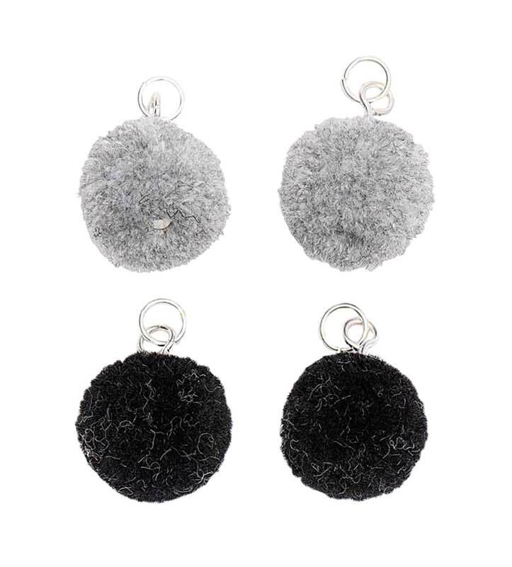 Set pendentifs pompons - 4 pces, gris-noir